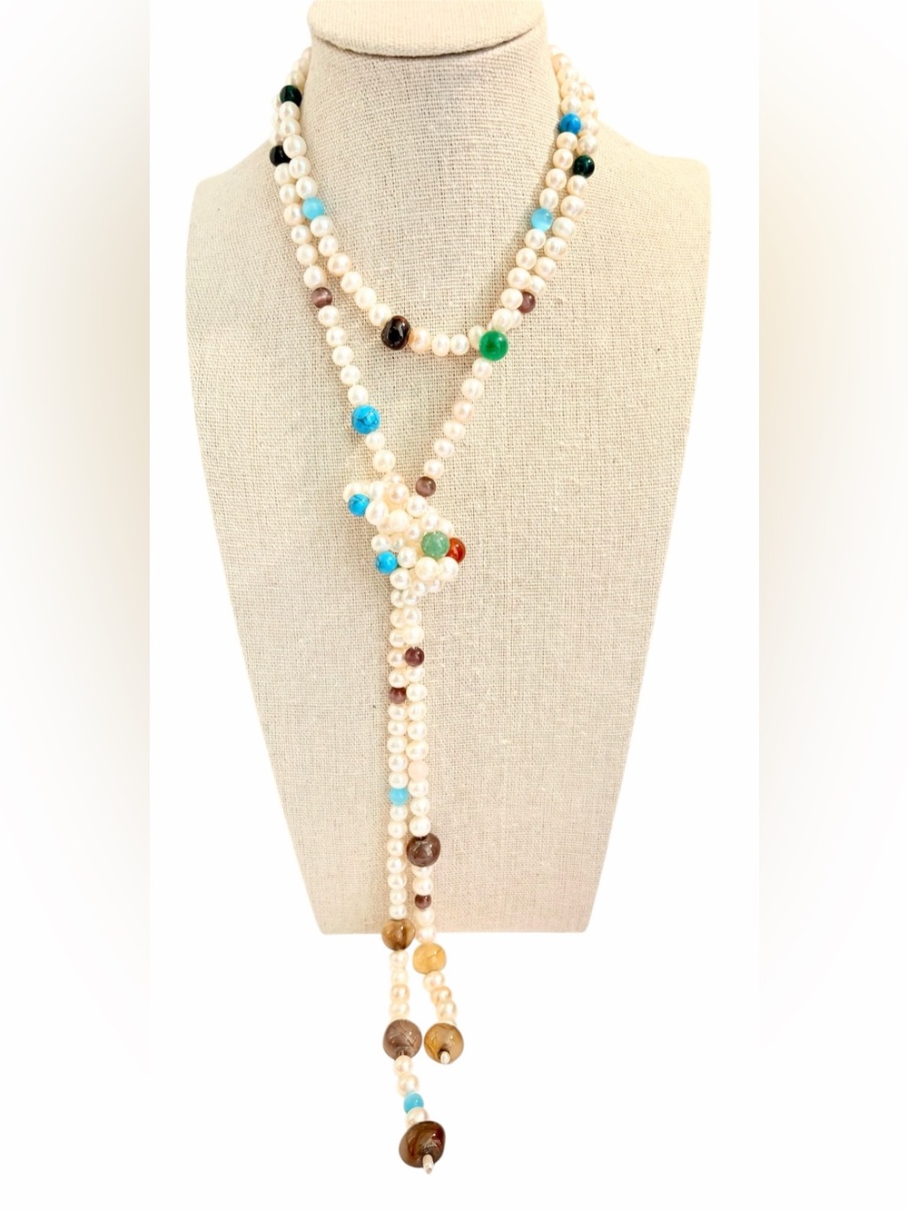 Handmade Eclectic Fresh Water Pearl Agate Gemstone and Glass Lariat Necklace